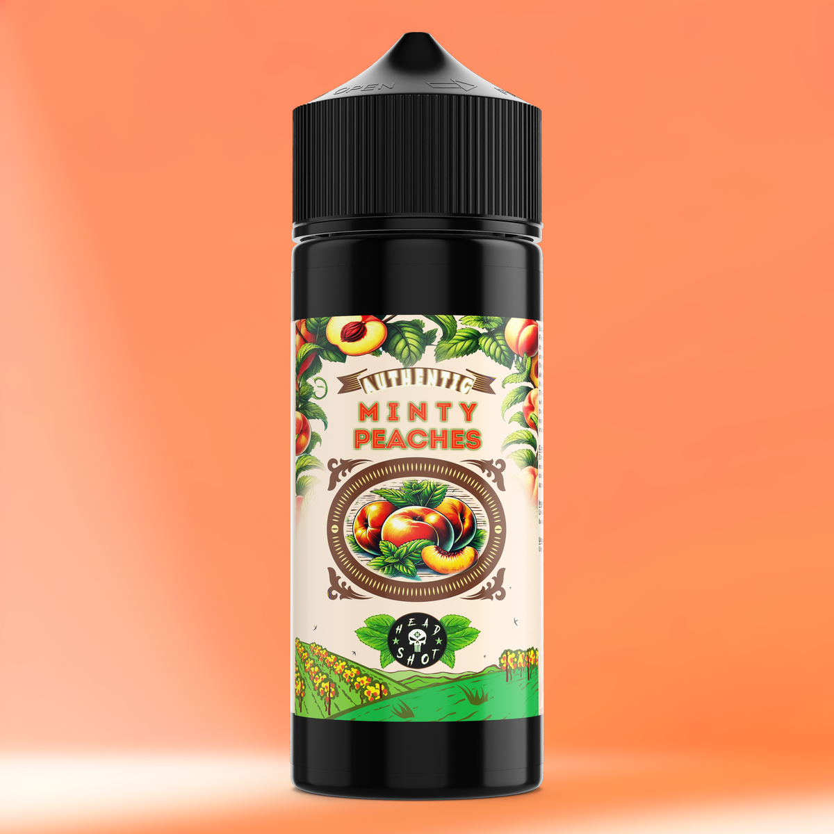 MINTY PEACHES Aroma Flasche farbiger Hintergrund