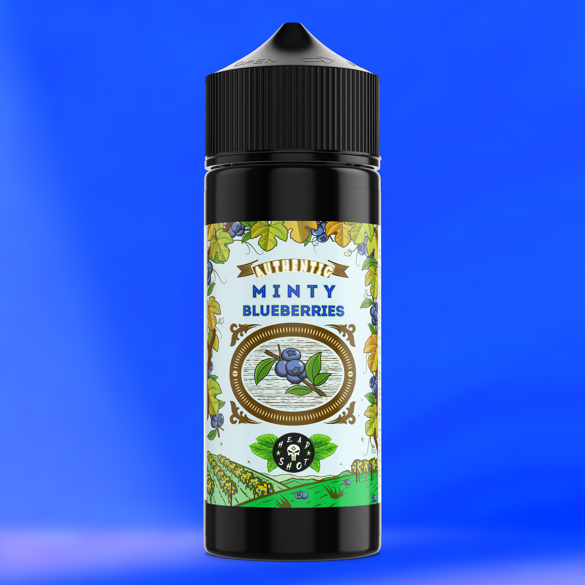 MINTY BLUEBERRIES Aroma Flasche farbiger Hintergrund